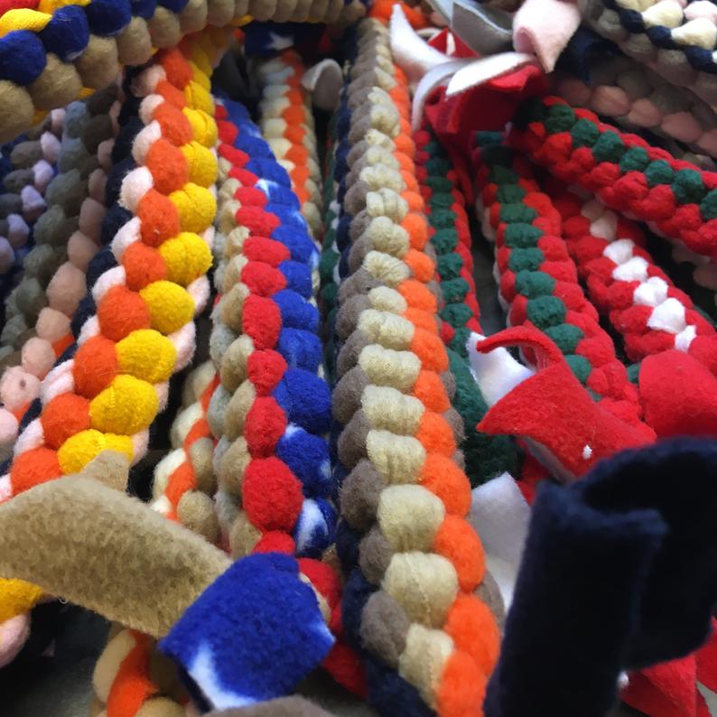 Dog tug toys made from fleece.